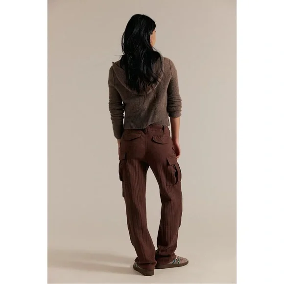 Free People Herringbone Textured Dark Academia Brown Cargo Pants Size 12 NWT - Picture 16 of 17